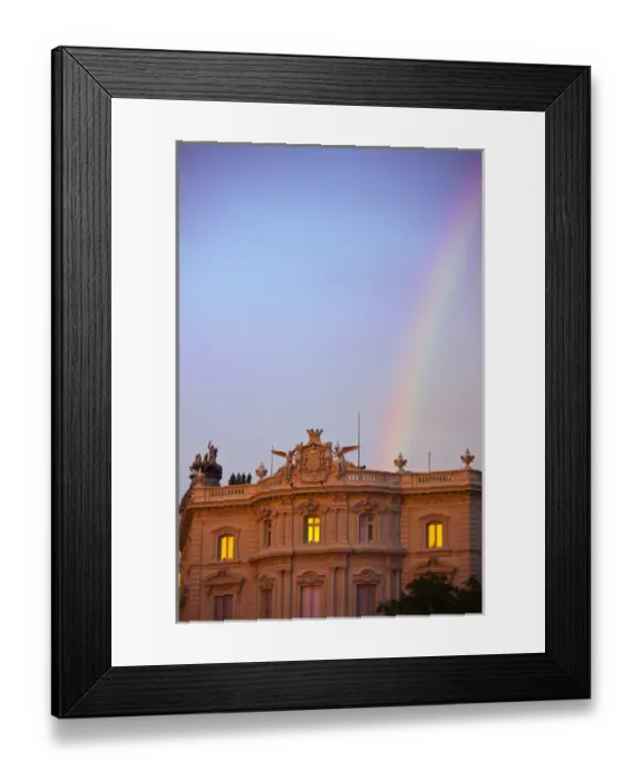 Framed Print : Spain, Madrid, Plaza de Cibeles, view along Calle de Alcala, rainbow at sunset Framed Print : Spain, Madrid, Plaza de Cibeles, view along Calle de Alcala, rainbow at sunset