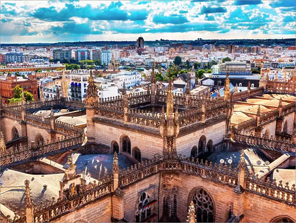 Cityscape, City View, Tower from Giralda Spire, Bell Tower, Seville Cathedral, Andalusia Spain