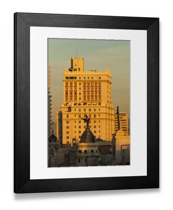 Framed Print : Spain, Madrid, Centro Area, elevated view of buildings along Gran Via and Edificio Espana Framed Print : Spain, Madrid, Centro Area, elevated view of buildings along Gran Via and Edificio Espana