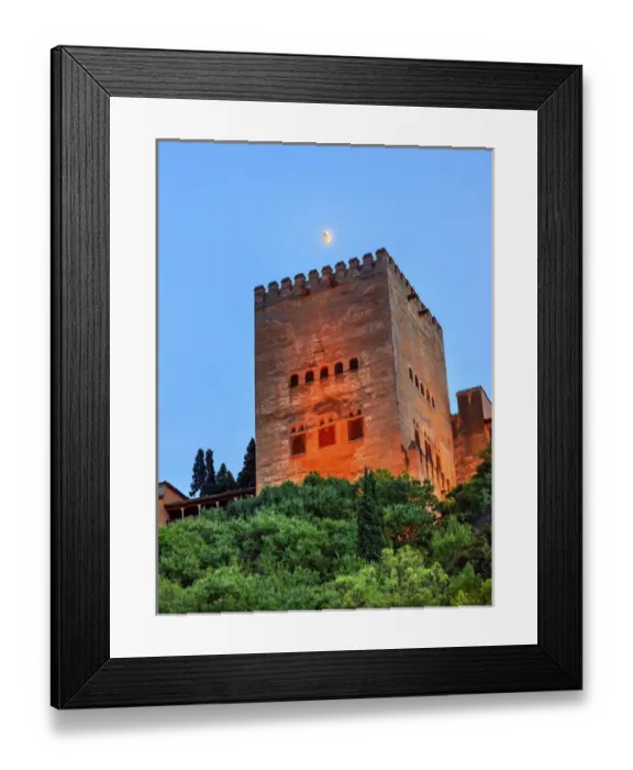Framed Print : Alhambra Tower Moon from Walking Street Del Darro Albaicin Granada Andalusia Spain Framed Print : Alhambra Tower Moon from Walking Street Del Darro Albaicin Granada Andalusia Spain