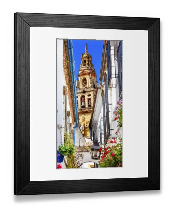 Framed Print : Flower Street Calleja de las Flores Old Torre del Alminar Bell Tower Mezquita Cordoba Framed Print : Flower Street Calleja de las Flores Old Torre del Alminar Bell Tower Mezquita Cordoba