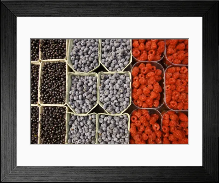 Framed Print : Europe, Sweden, Stockholm. Display of different berries at the Outdoor Market. Credit as