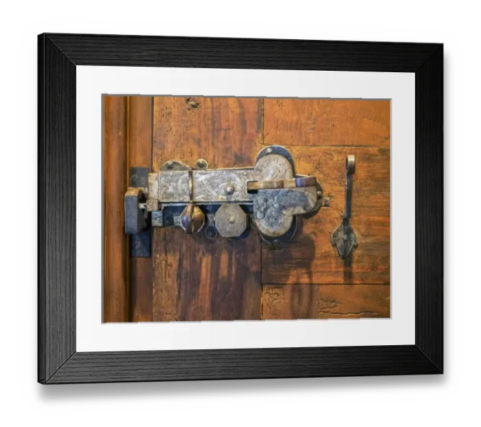Framed Print : Switzerland, Bern Canton, Spiez, Spiez Castle, wood door with ornate hardware