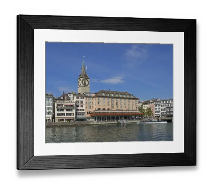 Framed Print : Switzerland, Zurich, Historic Lindenhof area and Limmat River; Saint Peter s Framed Print : Switzerland, Zurich, Historic Lindenhof area and Limmat River; Saint Peter s