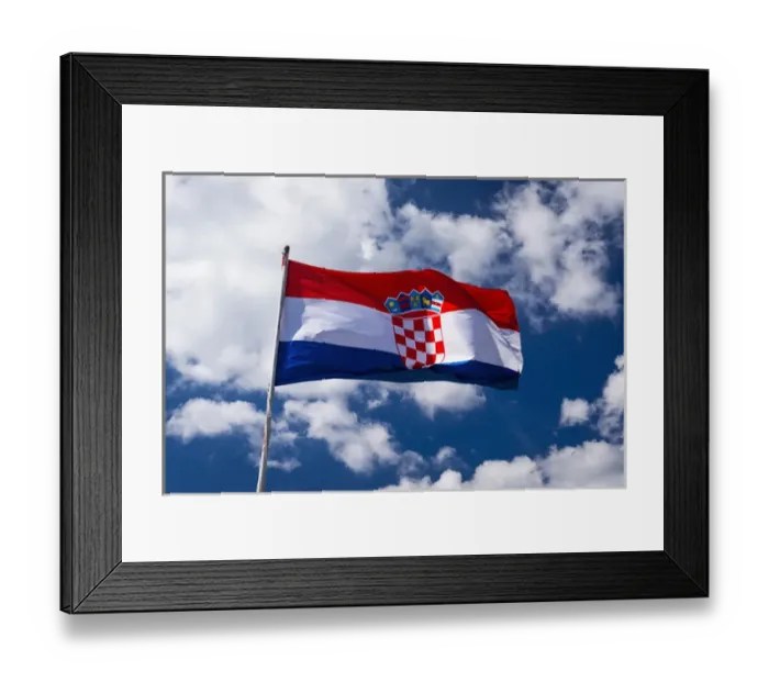 Framed Print : Croatian flag against blue sky and clouds, Ston, Croatia