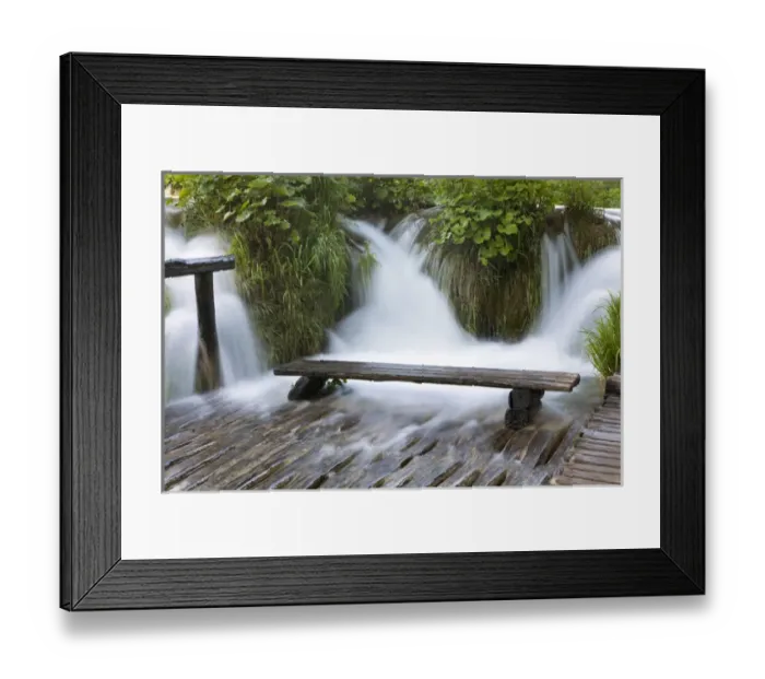 Framed Print : The Plitvice Lakes in the National Park Plitvicka Jezera in Croatia. Bench in water Framed Print : The Plitvice Lakes in the National Park Plitvicka Jezera in Croatia. Bench in water