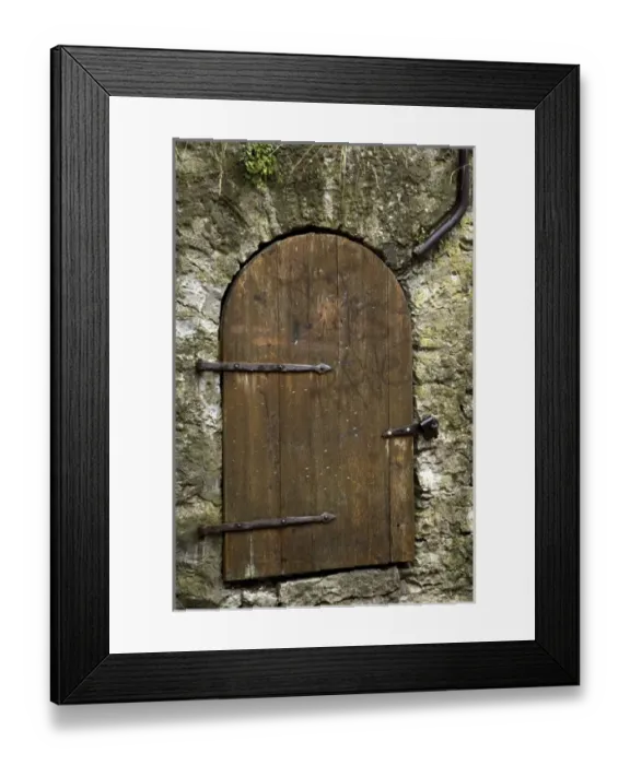 Framed Print : Europe, Estonia, Tallinn. Detail of old wooden door in stone wall