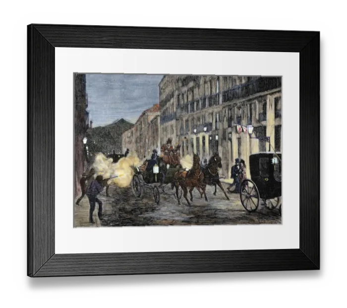 Framed Print : Attack on Isabella II (1830-1904) and King Francis of Spain (1822-1902). Madrid. Spain Framed Print : Attack on Isabella II (1830-1904) and King Francis of Spain (1822-1902). Madrid. Spain