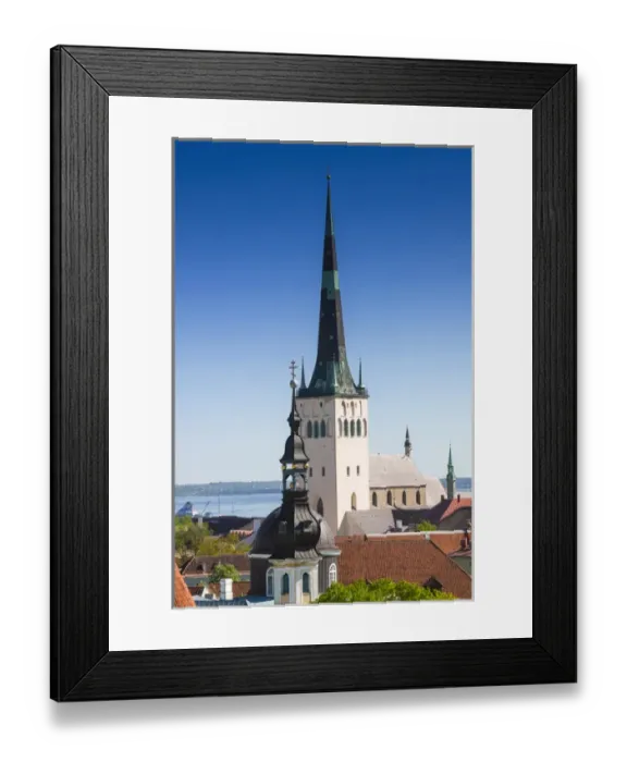 Framed Print : Medieval town walls and spire of St. Olav church, view of Tallinn from Toompea hill Framed Print : Medieval town walls and spire of St. Olav church, view of Tallinn from Toompea hill
