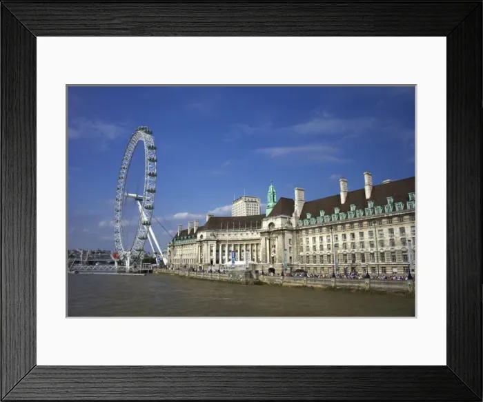 Framed Print : The South Bank of London showing the London Eye and County Hall along the Thames