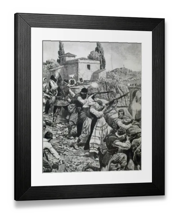 Framed Print : FIRST WORLD WAR (1914-1918). Inhabitants of town of Serbia fight against austrian troops (1914)