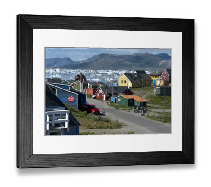 Framed Print : Greenland, Narsaq. Colorful cottages line the road to Qajaq Harbor in Narsaq, Greenland