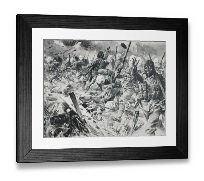 Framed Print : WORLD WAR I (1914-1918). British troops advancing on enemy positions, protected by gas masks Framed Print : WORLD WAR I (1914-1918). British troops advancing on enemy positions, protected by gas masks