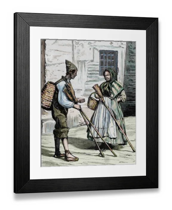 Framed Print : Popular types. Sellers of brooms. Valencia. Spain. Colored engraving in The Spanish Framed Print : Popular types. Sellers of brooms. Valencia. Spain. Colored engraving in The Spanish