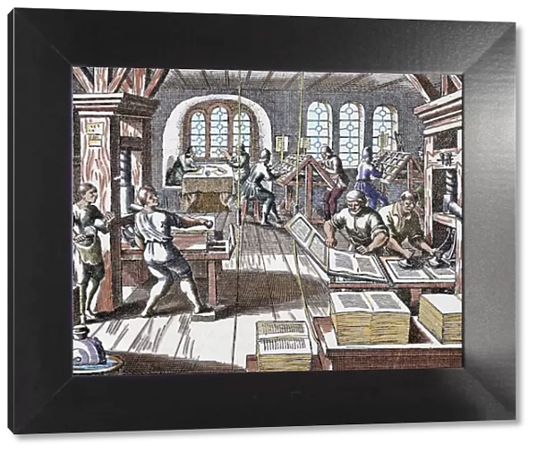 Printing press. Seventeenth century. Colored engraving of Gottfried Historical Chronicle