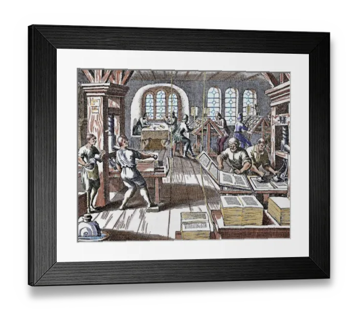 Framed Print : Printing press. Seventeenth century. Colored engraving of Gottfried Historical Chronicle