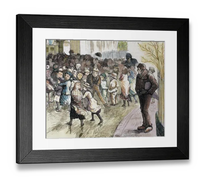 Framed Print : Poverty in Sheffield. Needy kids going to the distribution of food in Vestryhall