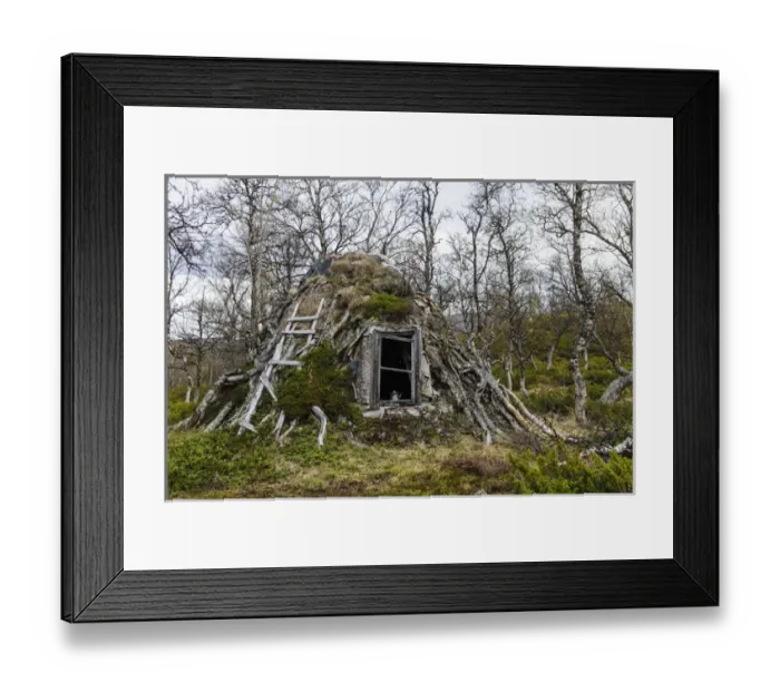 Framed Print : Sweden, Jamtland, Valadalen Nature Preserve. Traditional Sami sod house