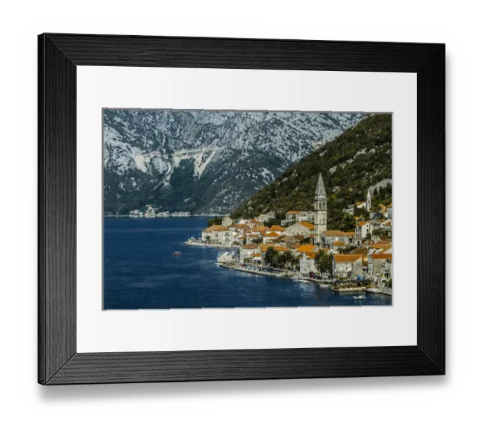 Framed Print : Tivat, Eastern Fjords, Montenegro. Orange tiled roofs, church and a village waterfront Framed Print : Tivat, Eastern Fjords, Montenegro. Orange tiled roofs, church and a village waterfront