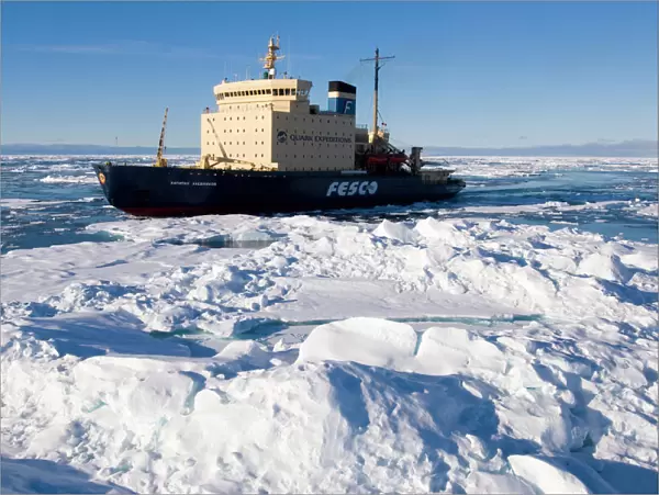 The icebreabker Kapitan Khlebnikov cruising through broken pack ice Greenland Sea
