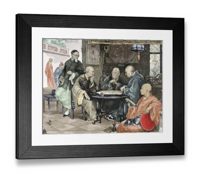 Framed Print : China. Men playing draughts in a tavern. Nineteenth-century colored engraving Framed Print : China. Men playing draughts in a tavern. Nineteenth-century colored engraving