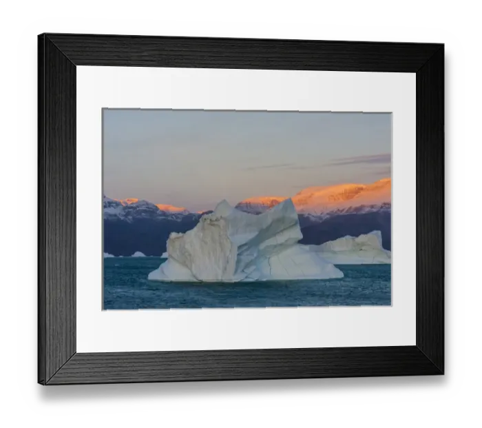 Framed Print : Greenland. Scoresby Sund. Gasefjord. Sunrise on the mountains with icebergs Framed Print : Greenland. Scoresby Sund. Gasefjord. Sunrise on the mountains with icebergs