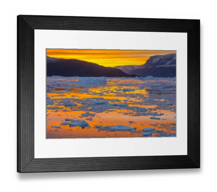 Framed Print : Greenland. Scoresby Sund. Gasefjord. Sunset with icebergs and brash ice Framed Print : Greenland. Scoresby Sund. Gasefjord. Sunset with icebergs and brash ice
