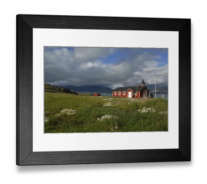 Framed Print : Greenland, Eriks Fjord, Brattahlid. The village church in the historic village Framed Print : Greenland, Eriks Fjord, Brattahlid. The village church in the historic village