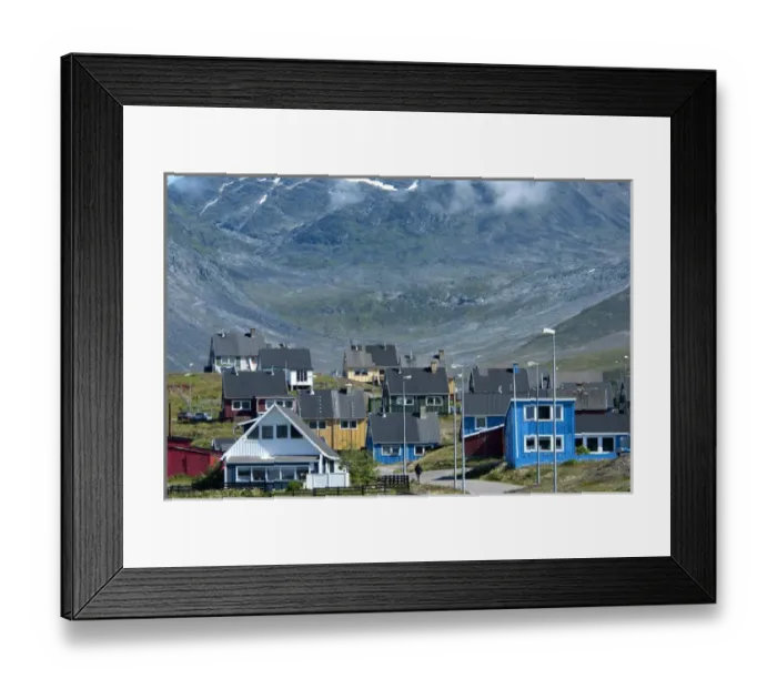 Framed Print : Greenland, Narsaq. The colorful cottages of the town of Narsaq sit in a valley above