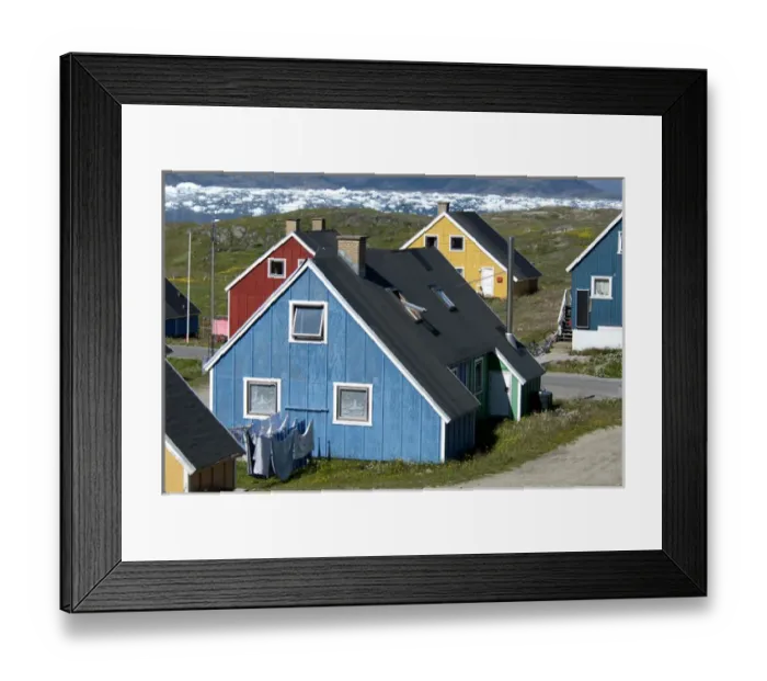 Framed Print : Greenland, Narsaq. The colorful cottages of the town of Narsaq line Qajaq Harbor