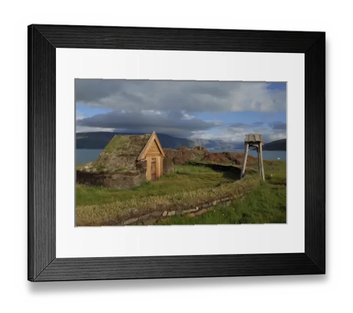 Framed Print : Greenland, Eriks Fjord, Brattahlid. Replica of Thjodhildas Church originally