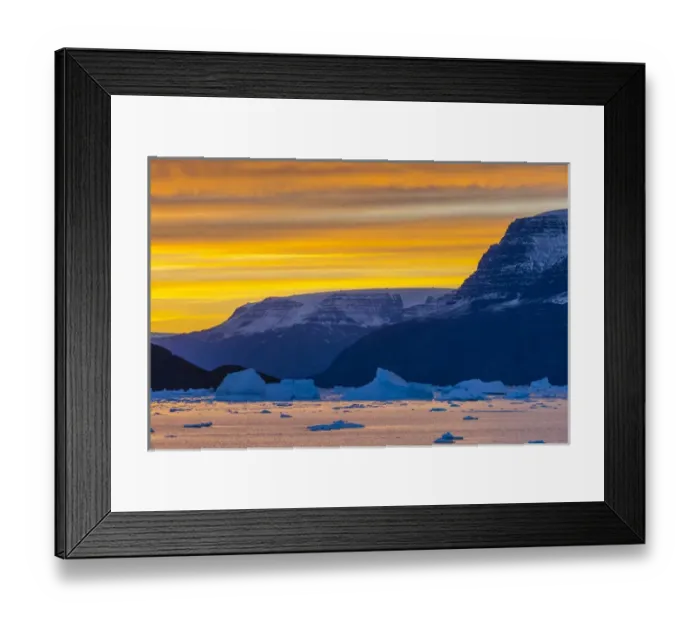 Framed Print : Greenland. Scoresby Sund. Gasefjord. Sunset with icebergs and brash ice Framed Print : Greenland. Scoresby Sund. Gasefjord. Sunset with icebergs and brash ice