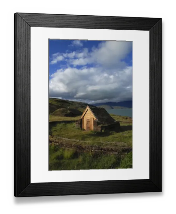 Framed Print : Greenland, Eriks Fjord, Brattahlid. Replica of Thjodhilds Church originally