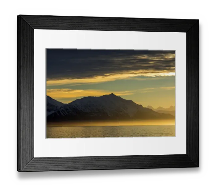 Framed Print : Greenland. Kong Oscar Fjord. Sunset over the calm water of the fjord