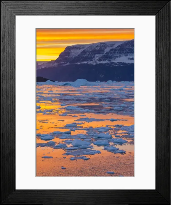 Framed Print : Greenland. Scoresby Sund. Gasefjord. Sunset with icebergs and brash ice Framed Print : Greenland. Scoresby Sund. Gasefjord. Sunset with icebergs and brash ice