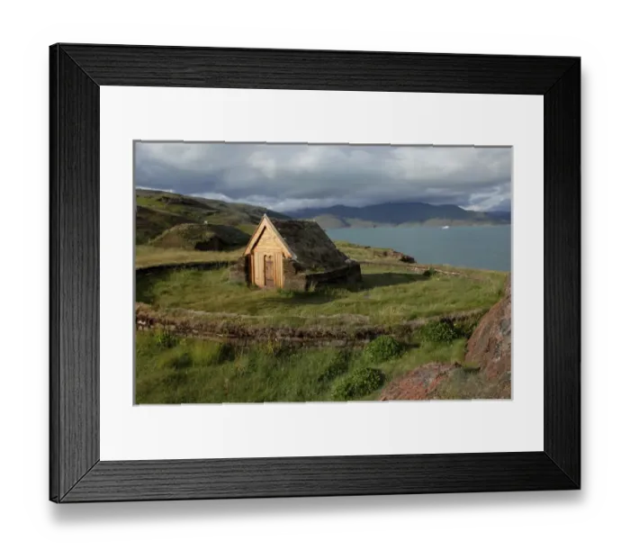 Framed Print : Greenland, Eriks Fjord, Brattahlid. Replica of Thjodhildas Church originally Framed Print : Greenland, Eriks Fjord, Brattahlid. Replica of Thjodhildas Church originally