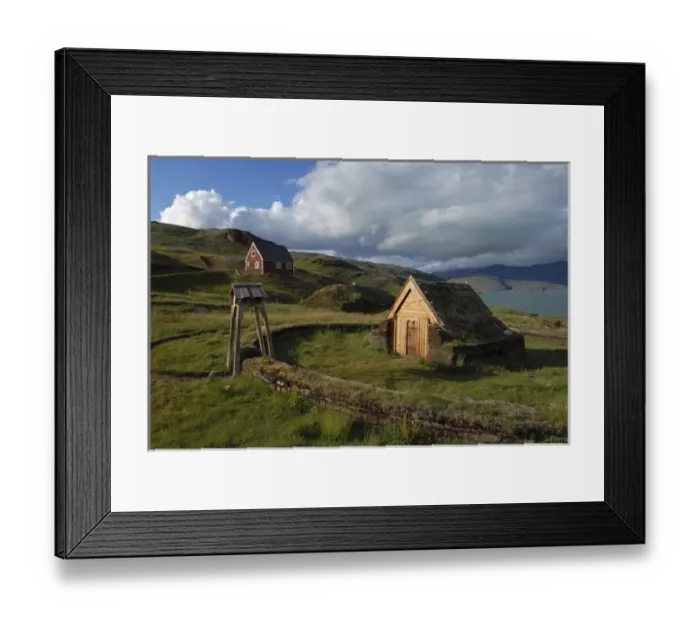 Framed Print : Greenland, Eriks Fjord, Brattahlid. Replica of Thjodhildas Church originally Framed Print : Greenland, Eriks Fjord, Brattahlid. Replica of Thjodhildas Church originally