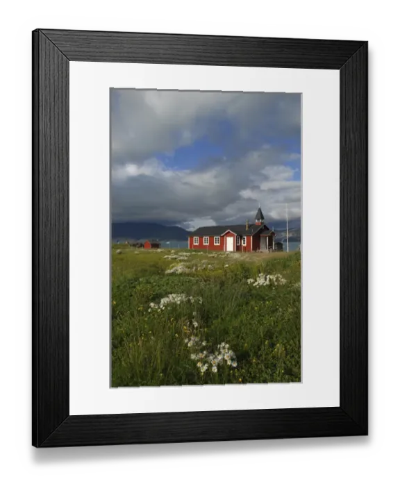 Framed Print : Greenland, Eriks Fjord, Brattahlid. The village church in the historic village Framed Print : Greenland, Eriks Fjord, Brattahlid. The village church in the historic village