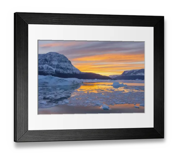 Framed Print : Greenland, Scoresby Sund, Gasefjord. Sunset with icebergs and brash ice Framed Print : Greenland, Scoresby Sund, Gasefjord. Sunset with icebergs and brash ice