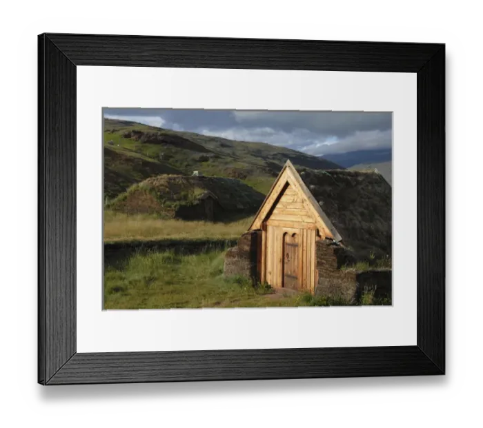 Framed Print : Greenland, Eriks Fjord, Brattahlid. Replica of Thjodhildas Church originally Framed Print : Greenland, Eriks Fjord, Brattahlid. Replica of Thjodhildas Church originally