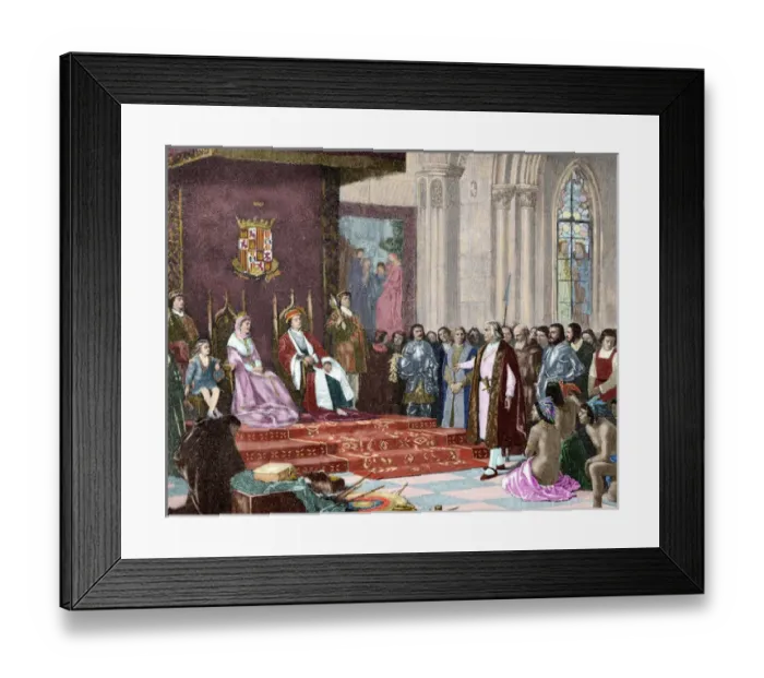 Framed Print : The Catholic Kings receiving Columbus in Barcelona after his first voyage. April 1493