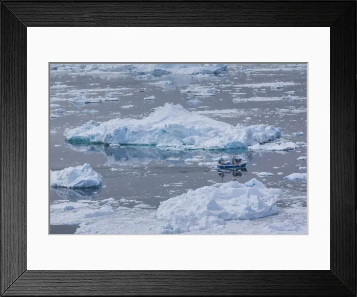 Framed Print : Greenland, Disko Bay, Ilulissat, elevated view of floating ice and fishing boat Framed Print : Greenland, Disko Bay, Ilulissat, elevated view of floating ice and fishing boat