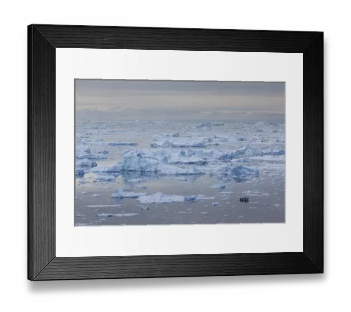 Framed Print : Greenland, Disko Bay, Ilulissat, elevated view of floating ice and fishing boat