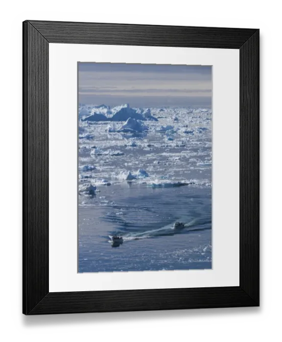 Framed Print : Greenland, Disko Bay, Ilulissat, elevated view of floating ice and fishing boat