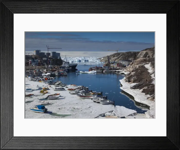 Framed Print : Greenland, Disko Bay, Ilulissat, town harbor, elevated view Framed Print : Greenland, Disko Bay, Ilulissat, town harbor, elevated view