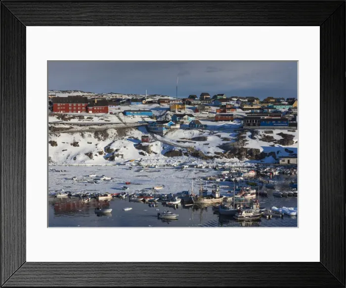 Framed Print : Greenland, Disko Bay, Ilulissat, town harbor, elevated view