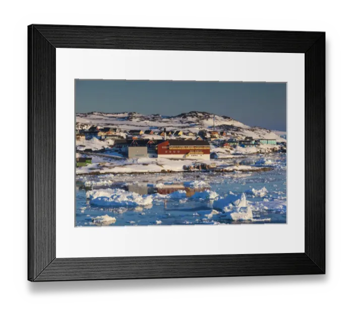 Framed Print : Greenland, Disko Bay, Ilulissat, elevated town view with floating ice