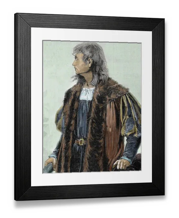 Framed Print : Christopher Columbus (1451 -1506). Navigator, colonizer, and explorer. Colored engraving Framed Print : Christopher Columbus (1451 -1506). Navigator, colonizer, and explorer. Colored engraving