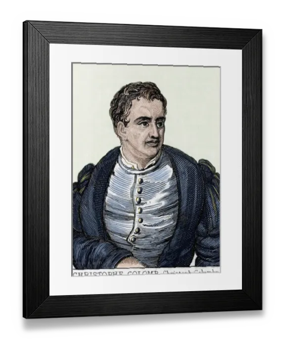 Framed Print : Christopher Columbus (1451 -1506). Navigator, colonizer, and explorer. Colored engraving Framed Print : Christopher Columbus (1451 -1506). Navigator, colonizer, and explorer. Colored engraving