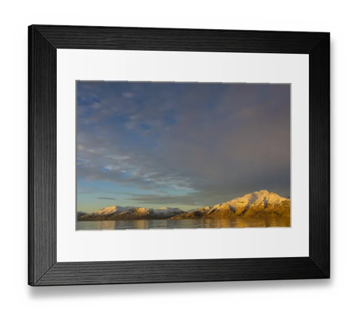 Framed Print : Greenland. Kong Oscar Fjord. Sunset light on the snowy mountains